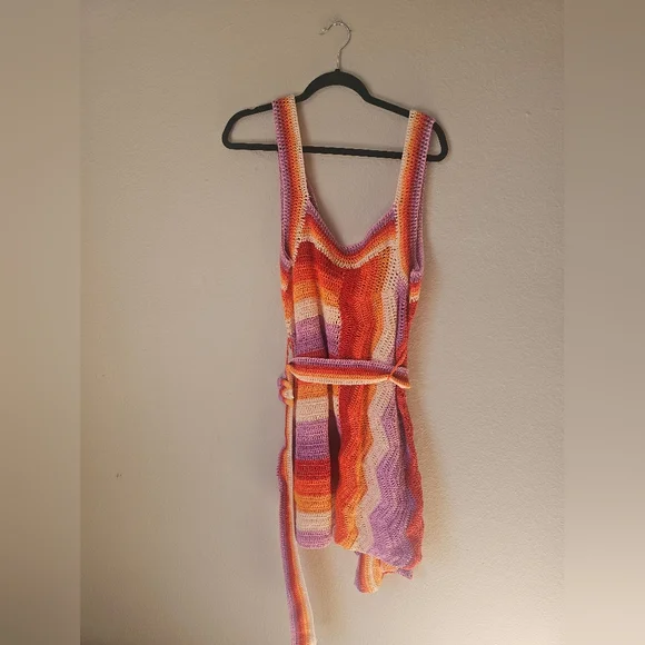 Anthropologie FARM Rio Orange And Pink Crochet Mini Dress With Belt - Picture 4 of 5